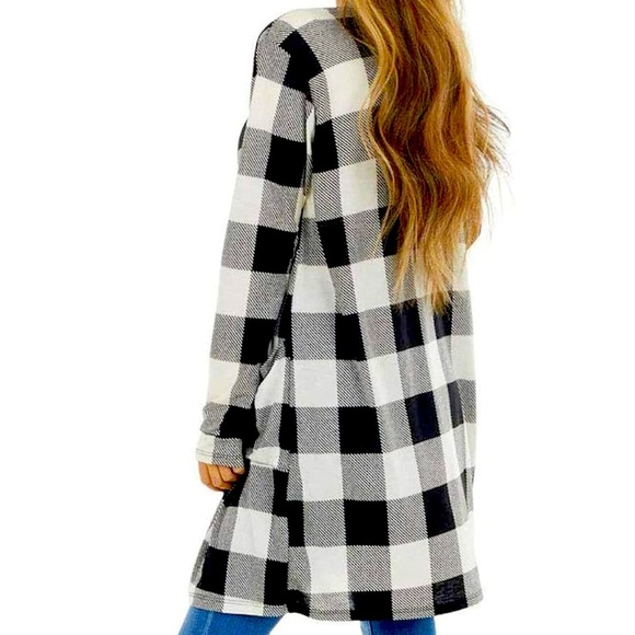Buffalo Plaid Open Front Cardigan Sweater with front pockets - Black/White, XXL - Picture 3 of 7